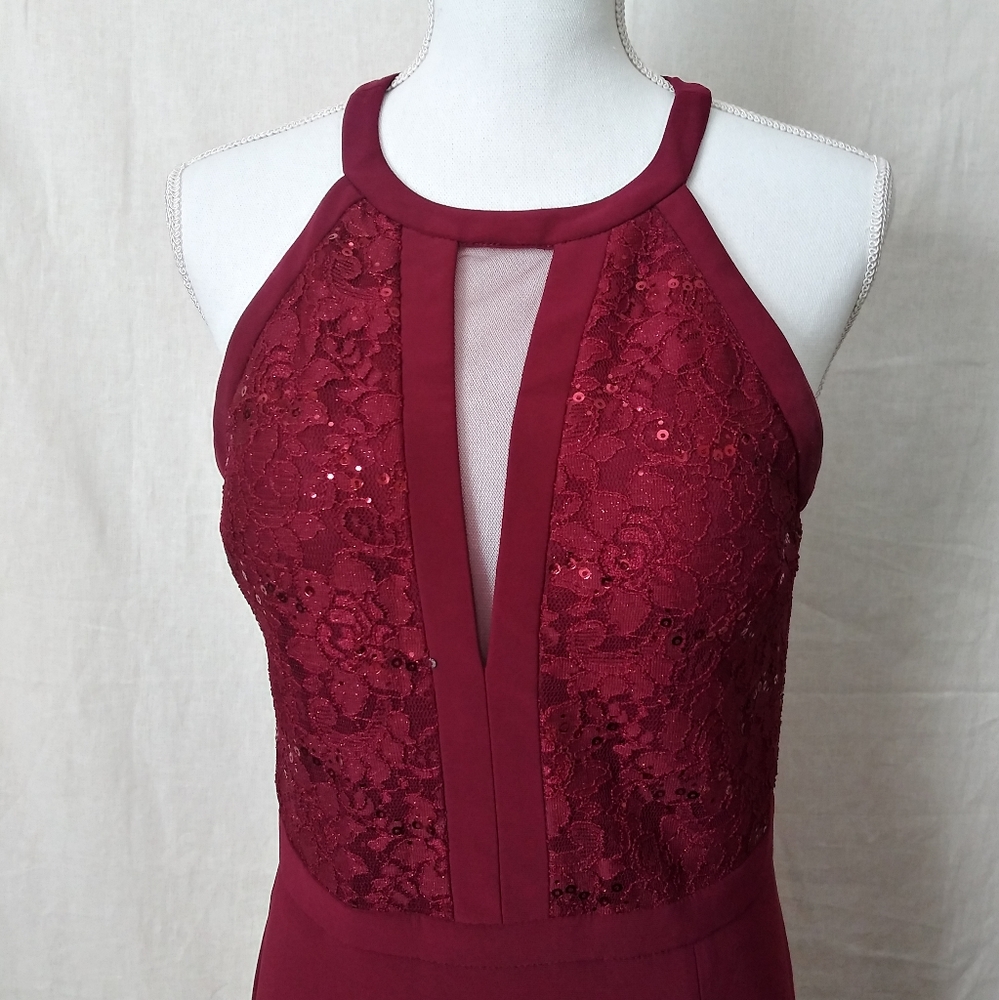 David's Bridal Maroon Formal Halter Lace Dress